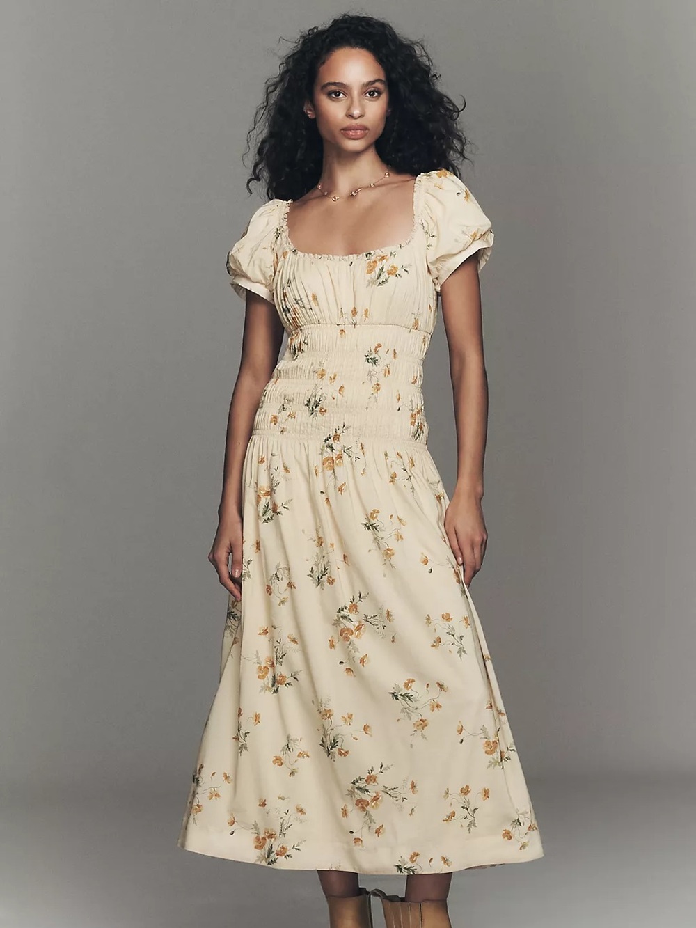 Reformation Yellow Floral Smocked Midi Dress